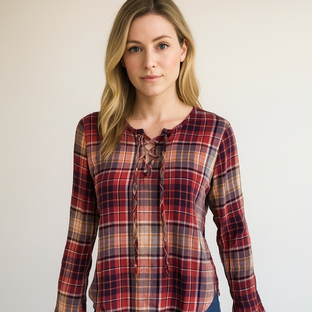 Ruff Hewn plaid lace up front flannel top